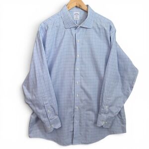 Brooks Brothers Dress Shirt Mens 18 4/5 Blue Plaid Button Slim Fit Non Iron